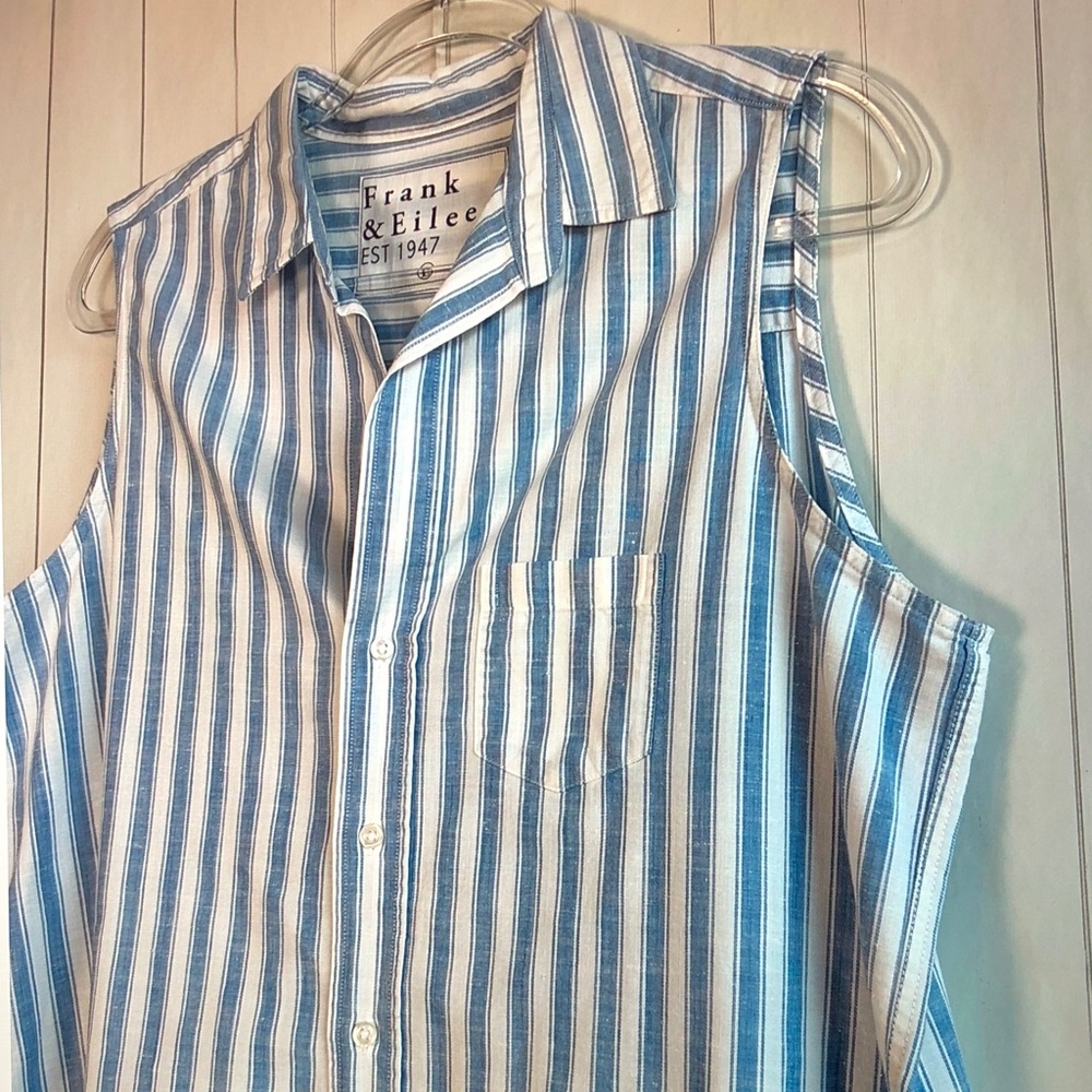 Frank & Eileen Sleeveless Blue and White Striped Button-Up Shirt - Picture 4 of 9